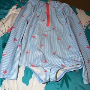 Girls' Blue Stripe Long-Sleeve Flamingo Rash Guard Swimsuit